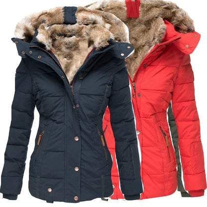 Two quilted parkas side by side, one navy and one red, both showing fluffy faux fur linings inside the hood. 2