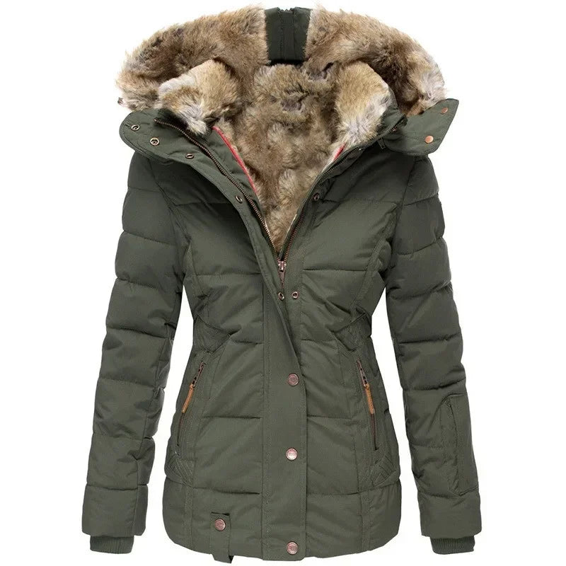 Second front view of the olive green quilted parka, showing the faux fur hood lining, stand collar and ribbed cuffs. 12