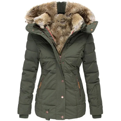 Second front view of the olive green quilted parka, showing the faux fur hood lining, stand collar and ribbed cuffs. 12