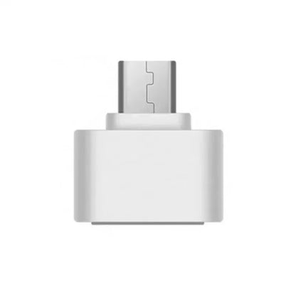 Small white adapter with a micro connector on top and a wide socket below, for connecting the drive to phones 7