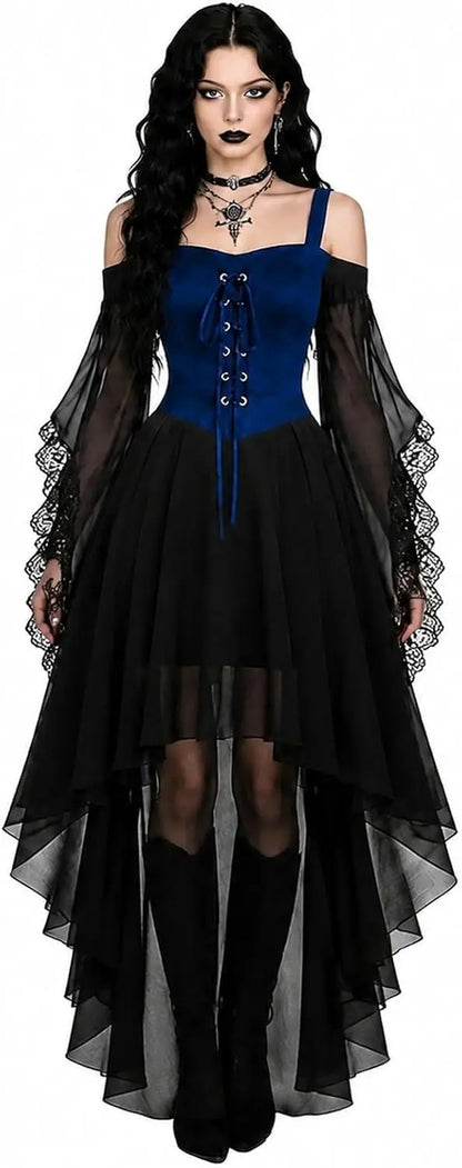 Model wearing the version with a royal blue lace-up bodice and black sheer high-low skirt, with black boots 5