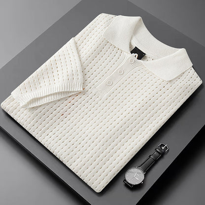 White airy men's polo shirt with a fine knitted texture – Autumn Magic Daan
