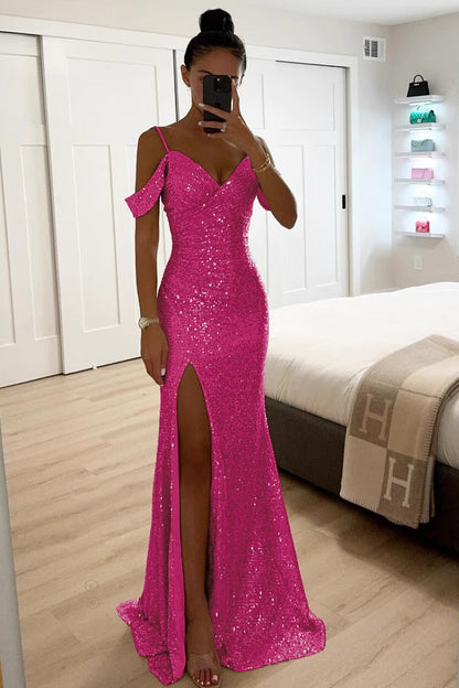 Model in the hot pink sequin version, taking a mirror selfie to show the front slit 2