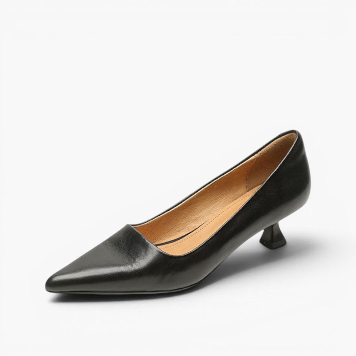 Single black leather pointed-toe kitten heel shown at an angle on a white background 12