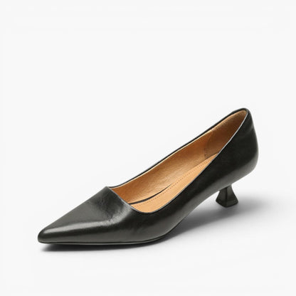 Single black leather pointed-toe kitten heel shown at an angle on a white background 12