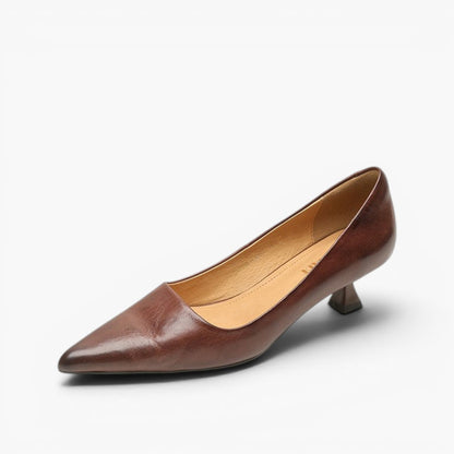 Single brown leather pointed-toe kitten heel shown at an angle on a white background 17