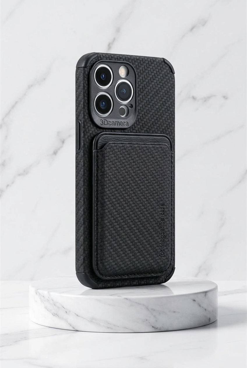 Black carbon-effect case with card holder, standing on a round marble plinth 7