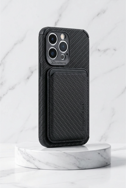 Black carbon-effect case with card holder, standing on a round marble plinth 7