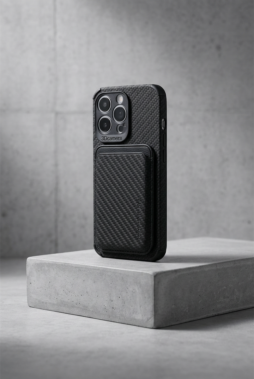 Black carbon-effect phone case with card pocket, standing on a concrete block against a concrete wall 4