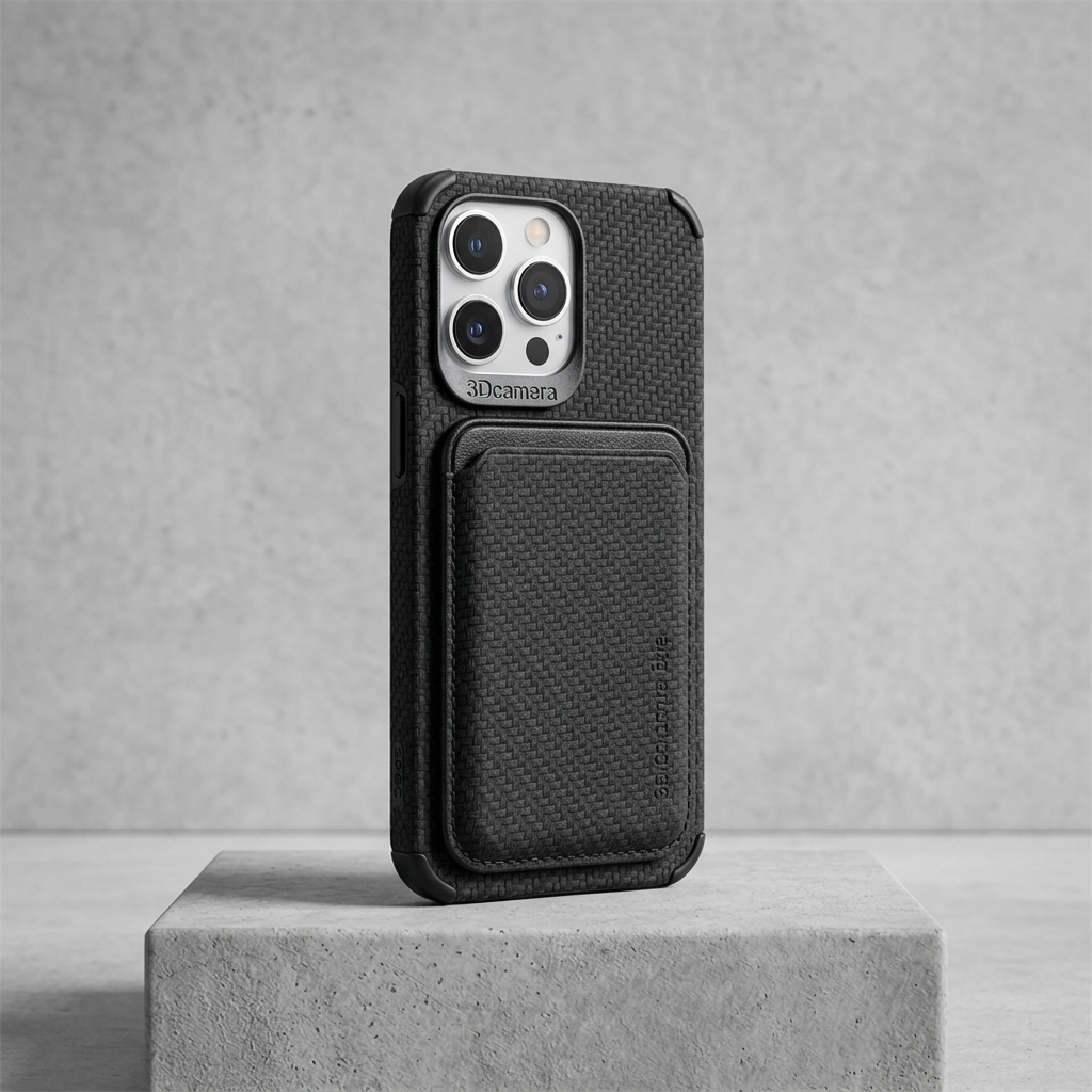 Black woven-texture case with card pocket, fitted to a phone with silver camera surround 7