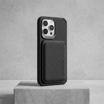 Black woven-texture case with card pocket, fitted to a phone with silver camera surround 7