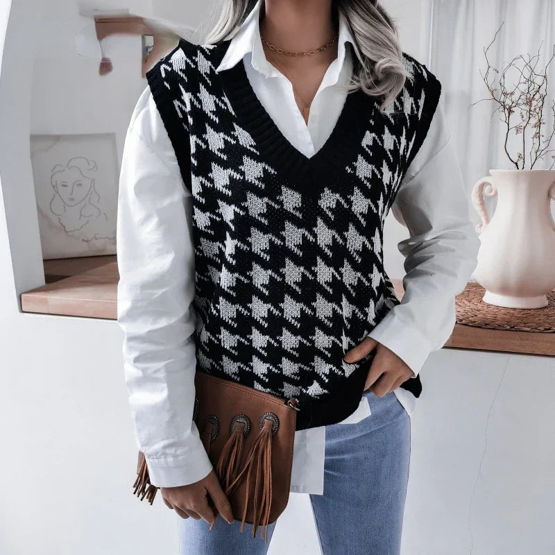 Ladies Checked Knitted Waistcoat Top - Yara