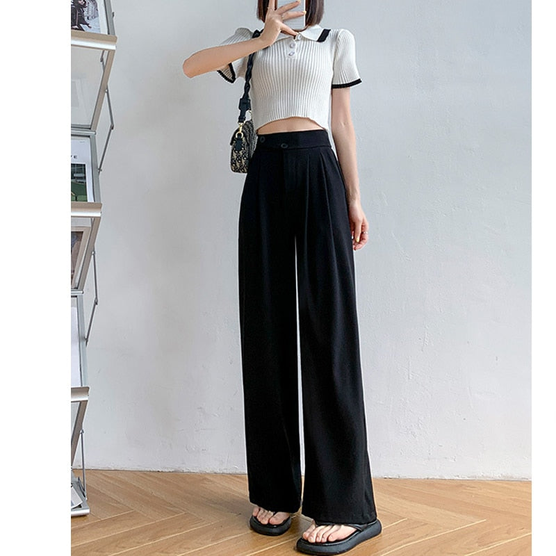 High-Waist Casual Women's Trousers with Wide Leg – Emilia