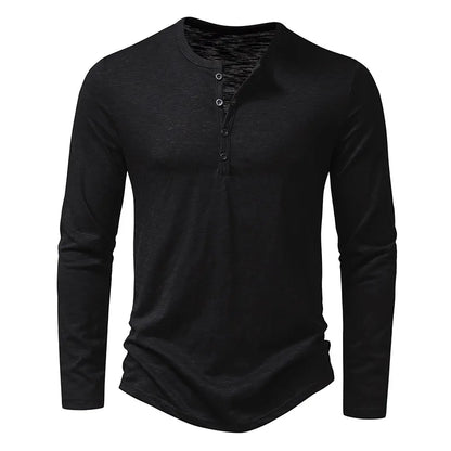 Black long-sleeved Henley with four buttons and a subtle slub texture, shown flat from the front. 16