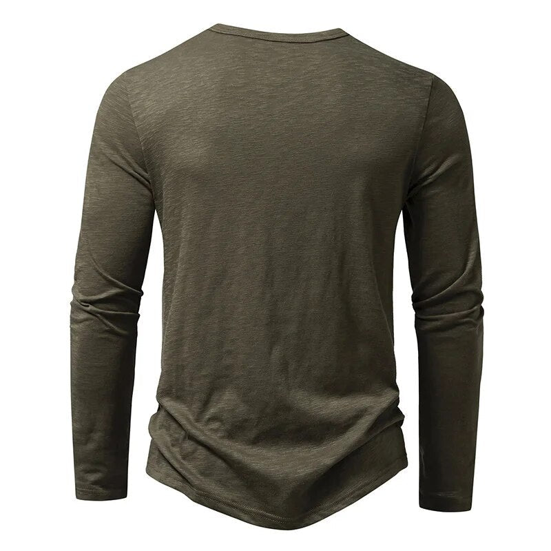 Back view of the olive green long-sleeved Henley, with a plain back and round neckline. 6