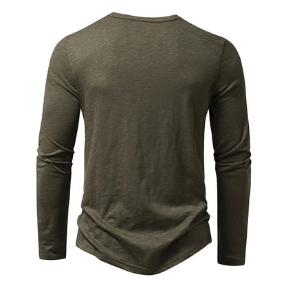 Back view of the olive green long-sleeved Henley, with a plain back and round neckline. 6
