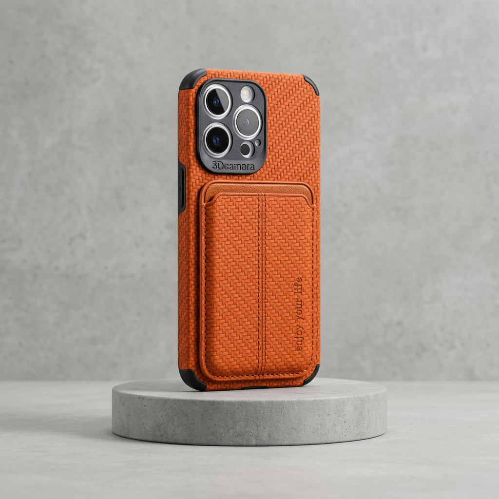 Orange case with a stitched centre seam on the card pocket, shown on a round plinth 5