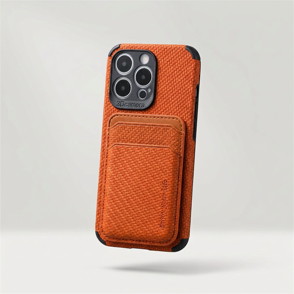 Orange woven-texture case with a card pocket on the back, floating against a pale background 1