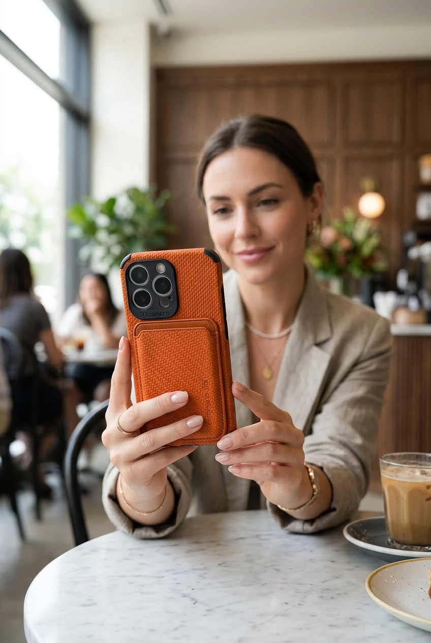 Woman in a café holding up a phone in an orange woven-texture case with card pocket 1