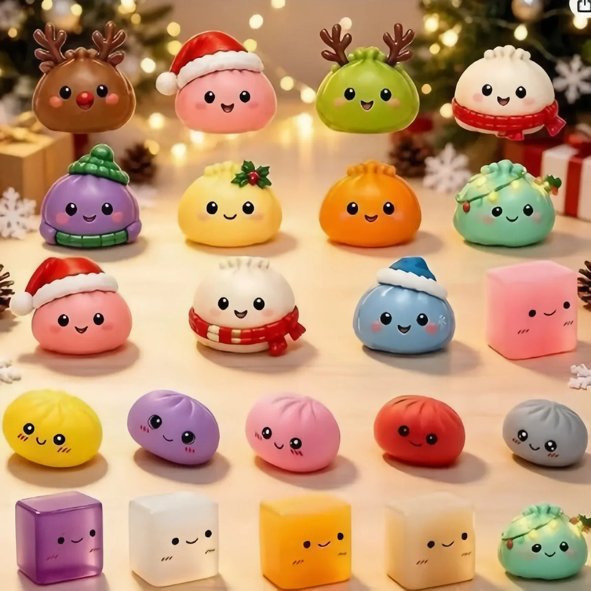 All 24 squishy toys laid out on a table: festive dumplings, plain dumplings and translucent cubes 2