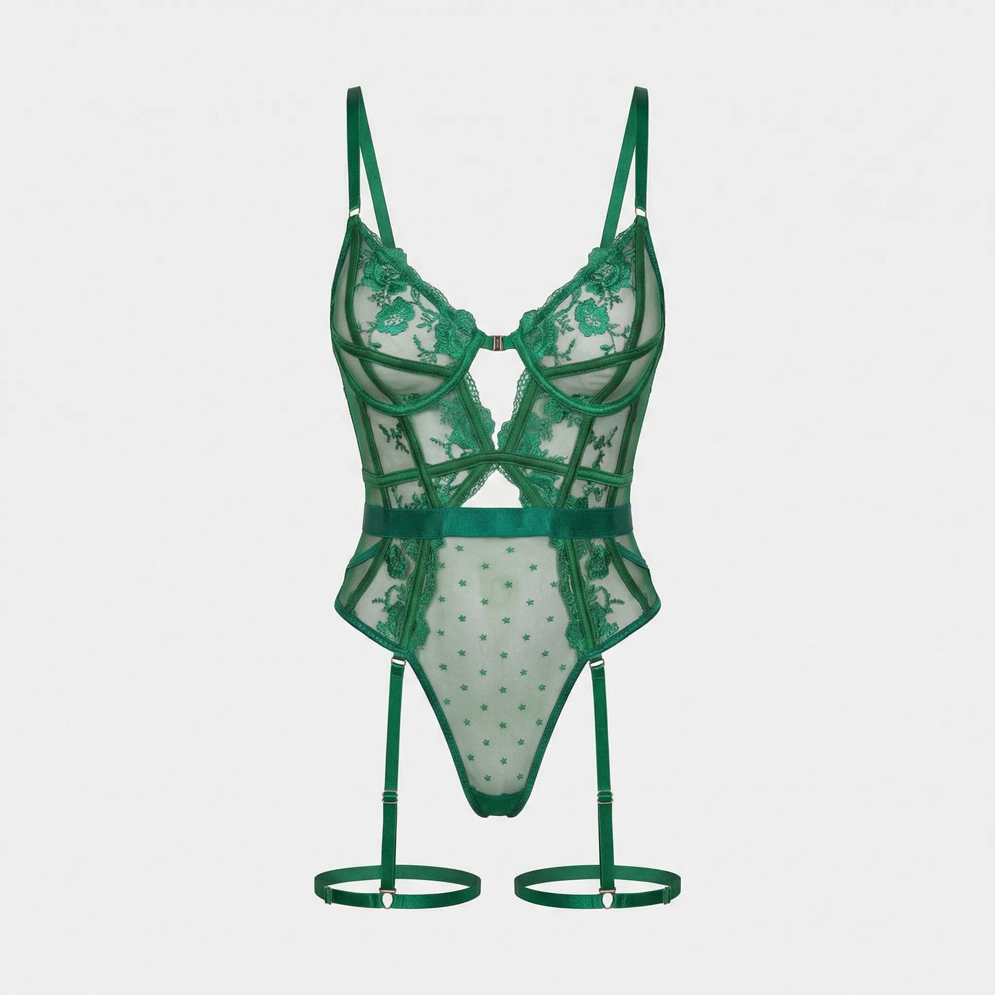 Sheer Lace And Mesh Bodysuit With Suspenders - Alissa