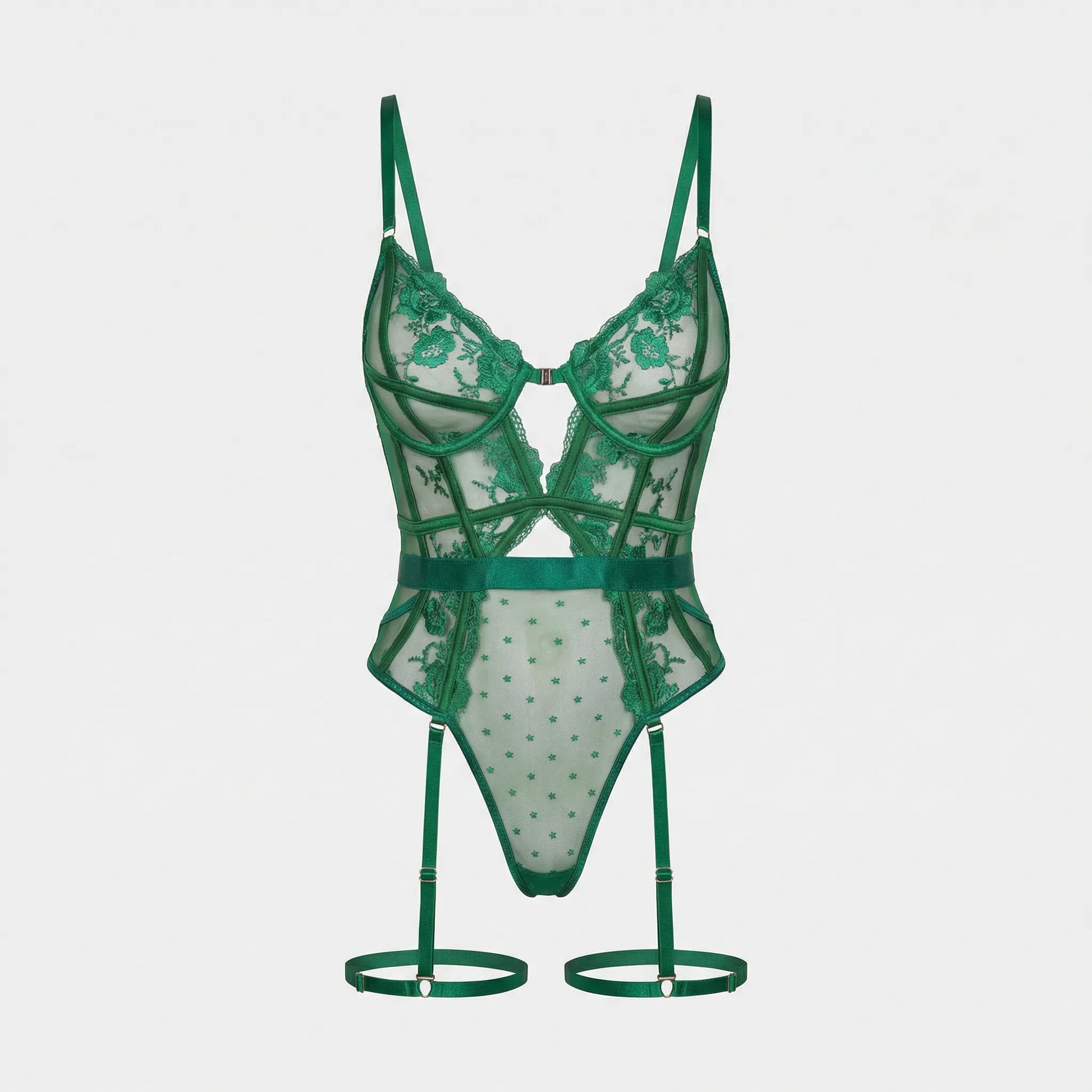 Sheer Lace And Mesh Bodysuit With Suspenders - Alissa