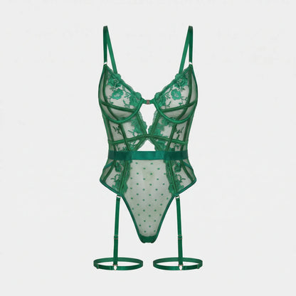 Sheer Lace And Mesh Bodysuit With Suspenders - Alissa