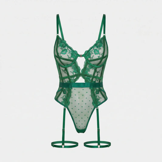 Sheer Lace And Mesh Bodysuit With Suspenders - Alissa