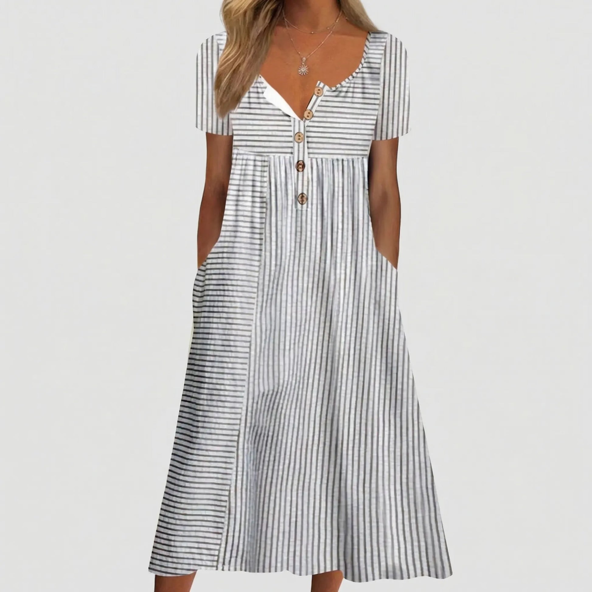 Short Sleeve Button-Detail Summer Dress - Arlene
