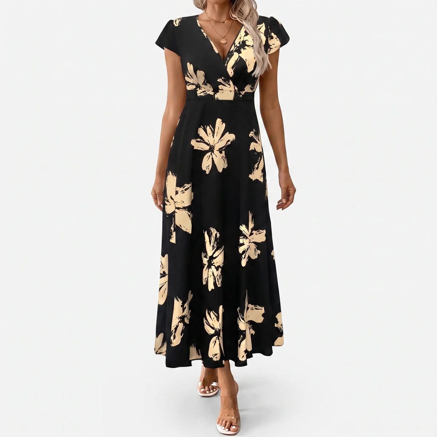 Short Sleeve V-Neck Midi Dress - Janet