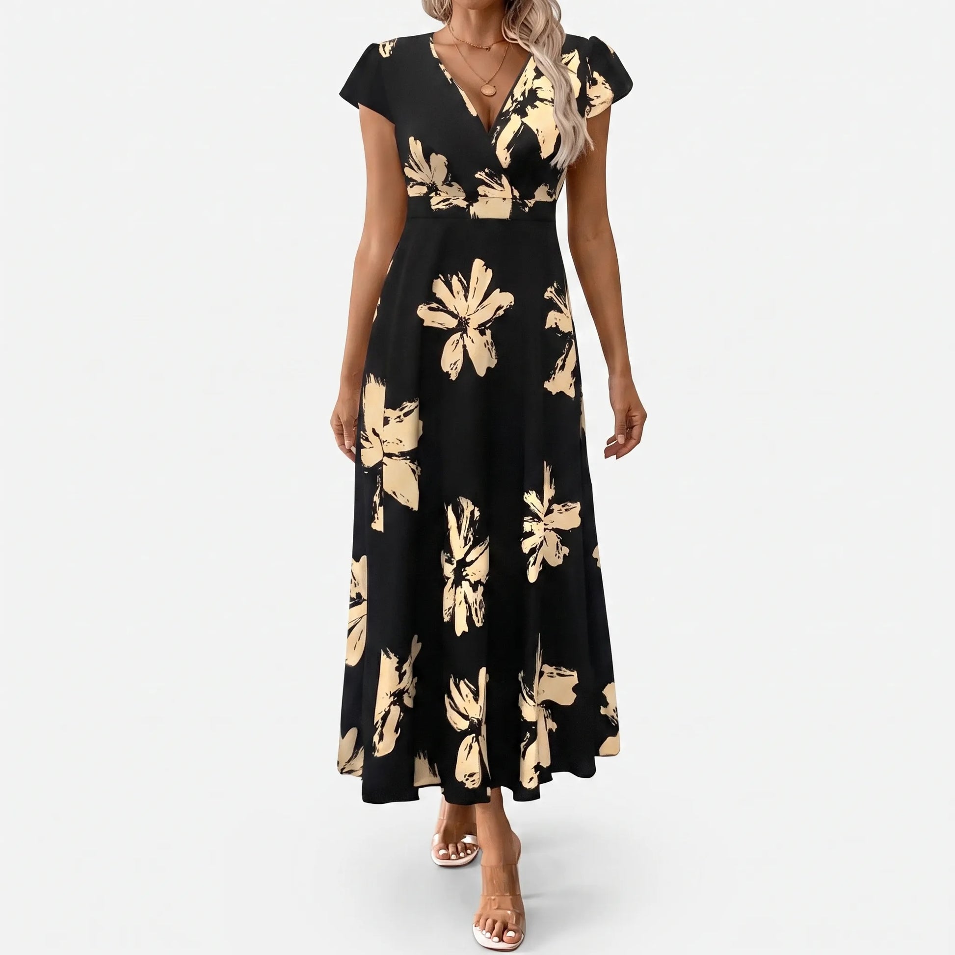 Short Sleeve V-Neck Midi Dress - Janet