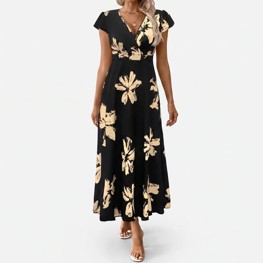 Short Sleeve V-Neck Midi Dress - Janet