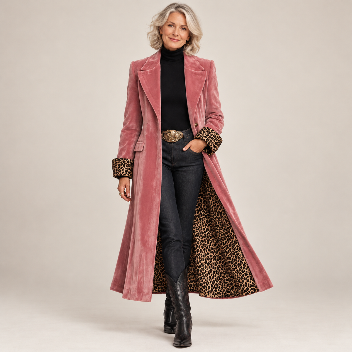 Full-length view of the dusky pink coat worn open over a black polo neck, jeans and cowboy boots, leopard lining showing. 1