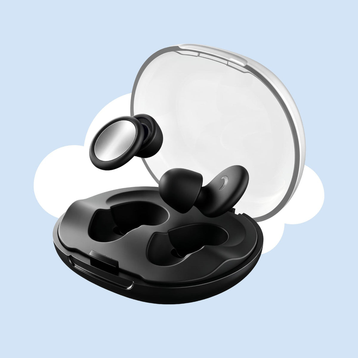 Black sleep earplugs with silver faces beside an open clear-lidded black charging case on a pale blue cloud, without any text. 9