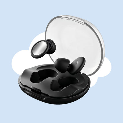 Black sleep earplugs with silver faces beside an open clear-lidded black charging case on a pale blue cloud, without any text. 9