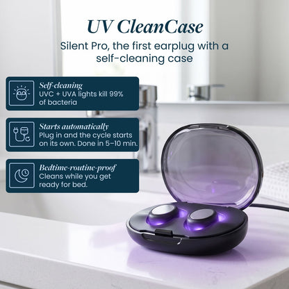 Black earplug case glowing purple with UV light, both earplugs inside, on a bathroom counter, with English feature panels. 20