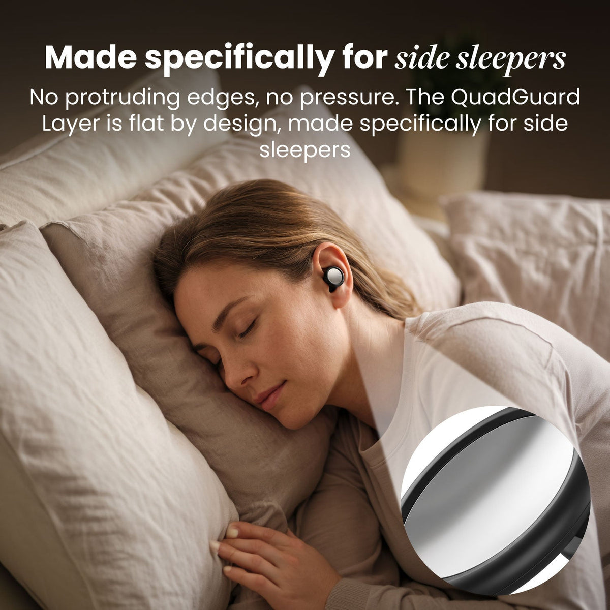 Woman sleeping on her side on pillows wearing a black earplug with a flat mirrored face, with a close-up circle of that face. 23