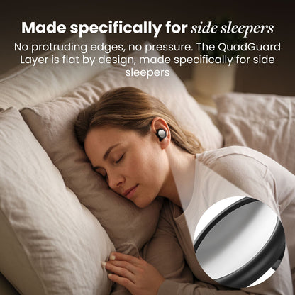 Woman sleeping on her side on pillows wearing a black earplug with a flat mirrored face, with a close-up circle of that face. 23