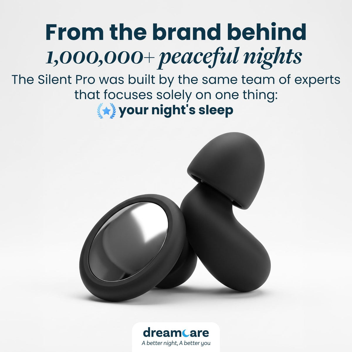Pair of black silicone earplugs, one showing its flat mirrored outer disc and the other its rounded tip, against a plain pale background. 24
