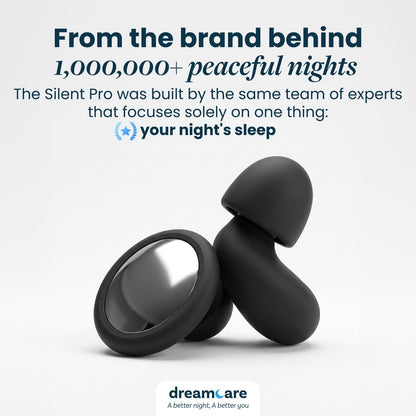Pair of black silicone earplugs, one showing its flat mirrored outer disc and the other its rounded tip, against a plain pale background. 24