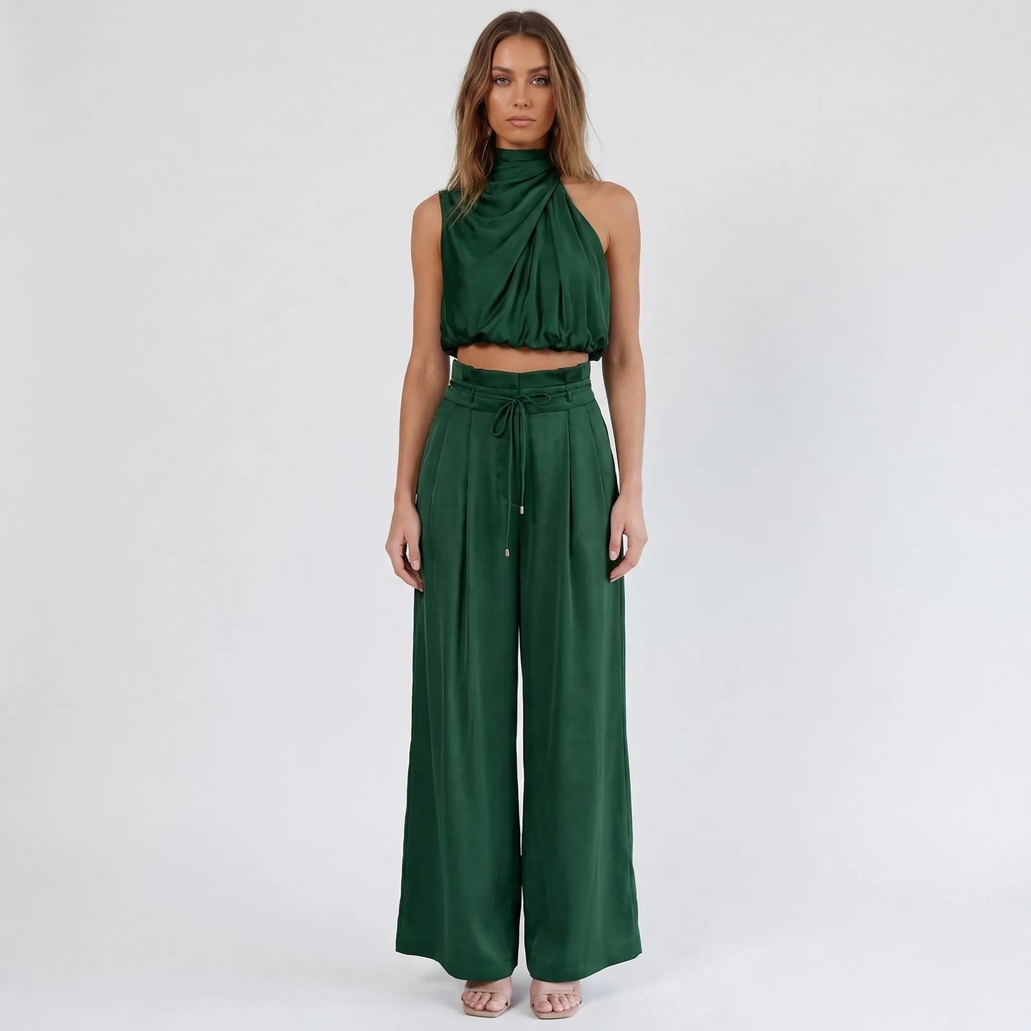 Sleeveless Halter Neck Wide-Leg Outfit - Tiffany