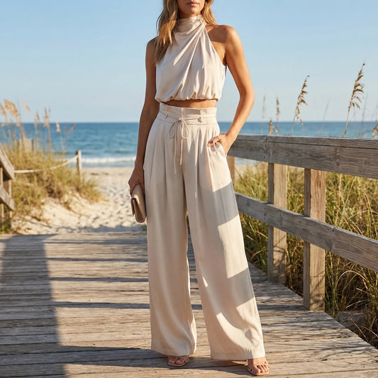 Sleeveless Halter Neck Wide-Leg Outfit - Tiffany