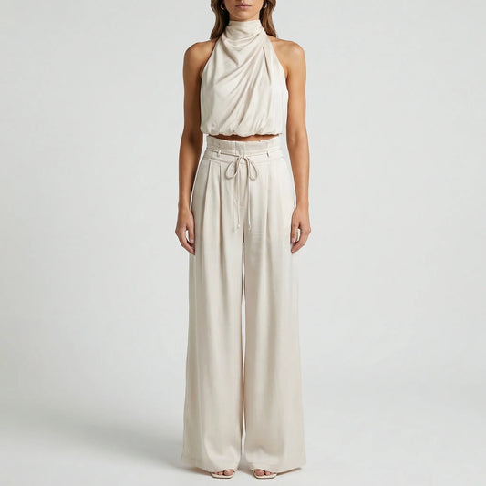 Sleeveless Halter Neck Wide-Leg Outfit - Tiffany