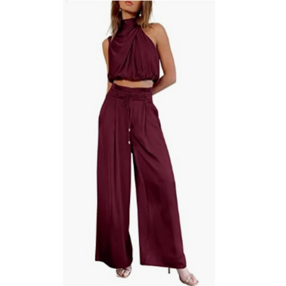 Sleeveless Halter Neck Wide-Leg Outfit - Tiffany