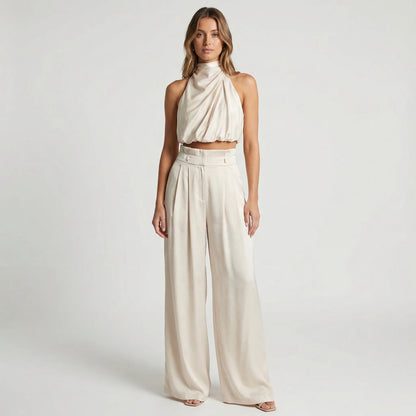 Sleeveless Halter Neck Wide-Leg Outfit - Tiffany