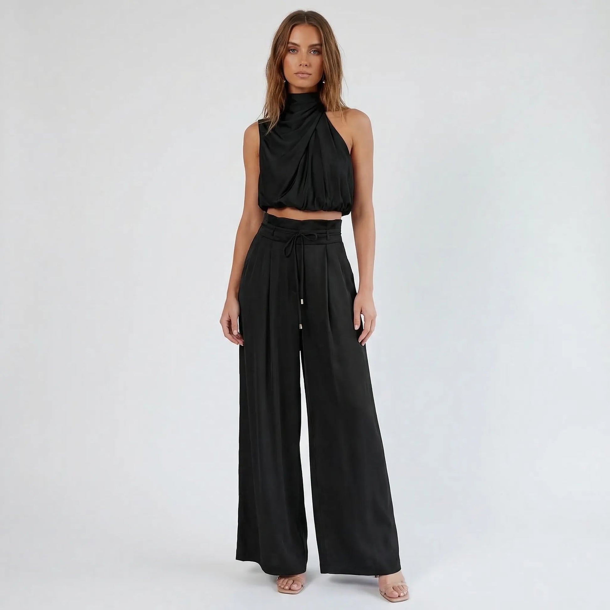 Sleeveless Halter Neck Wide-Leg Outfit - Tiffany