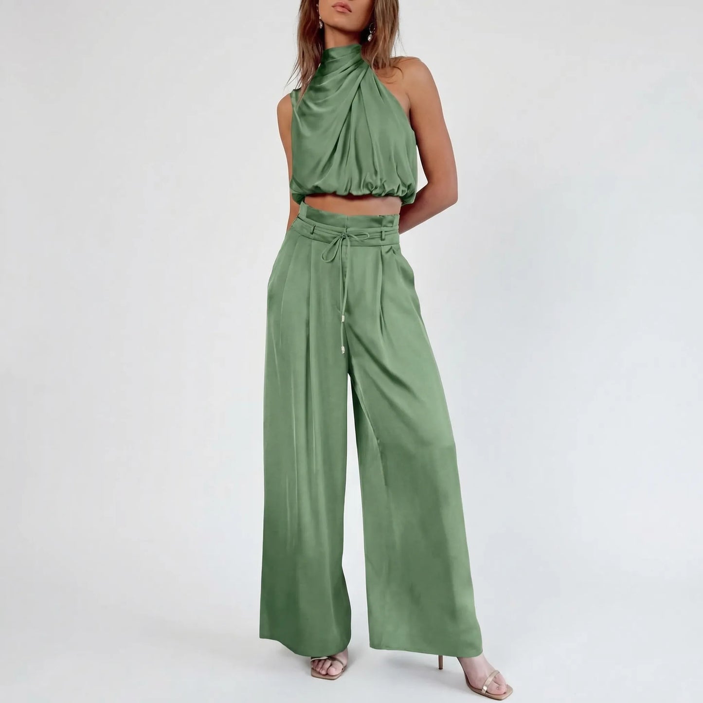 Sleeveless Halter Neck Wide-Leg Outfit - Tiffany