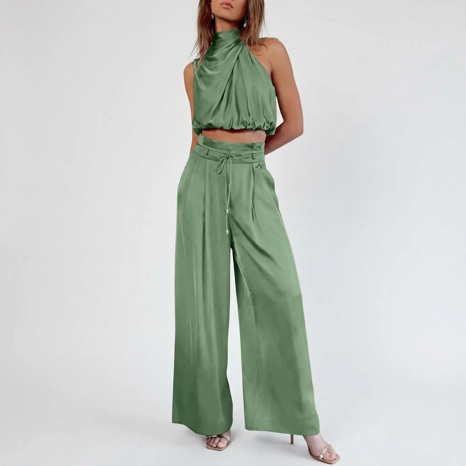 Sleeveless Halter Neck Wide-Leg Outfit - Tiffany