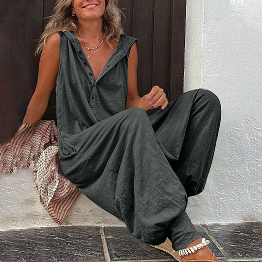 Sleeveless Hooded Jumpsuit With Button Placket - Rosemarie