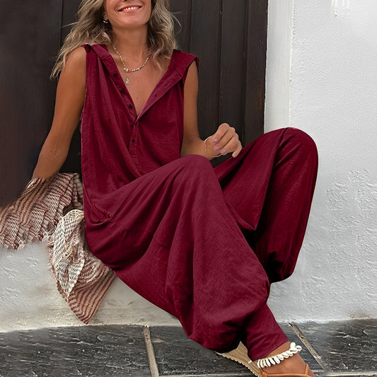 Sleeveless Hooded Jumpsuit With Button Placket - Rosemarie